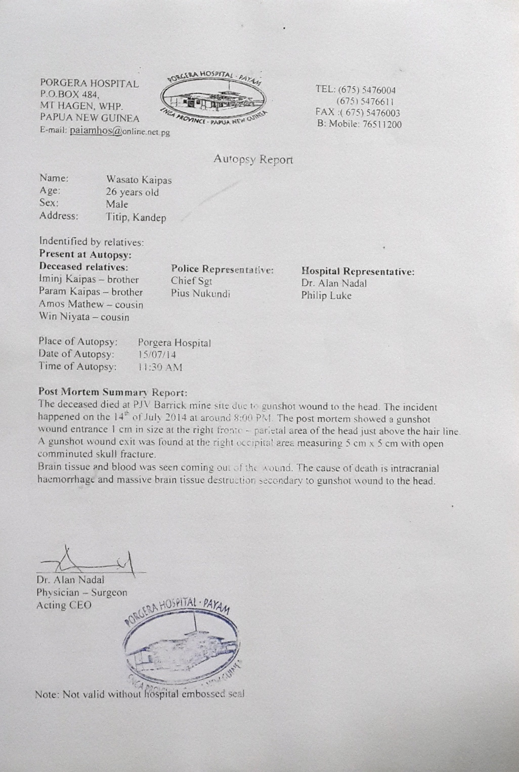 Porgera Hospital Autopsy Report