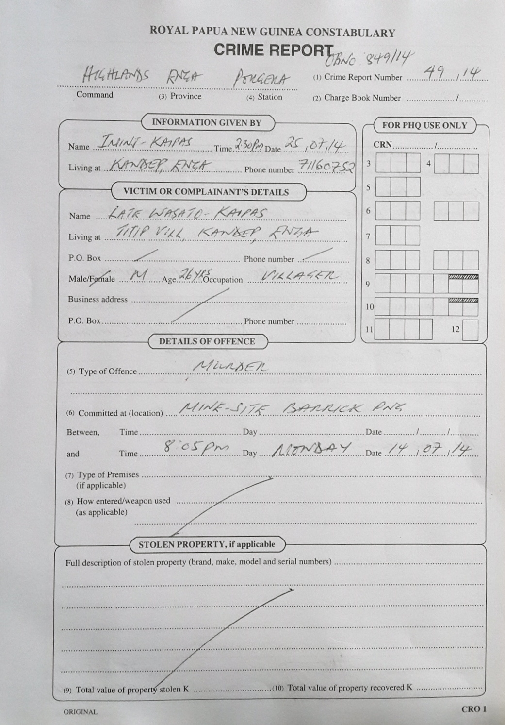 Royal Papua New Guinea Constabulary Crime Report, page 1