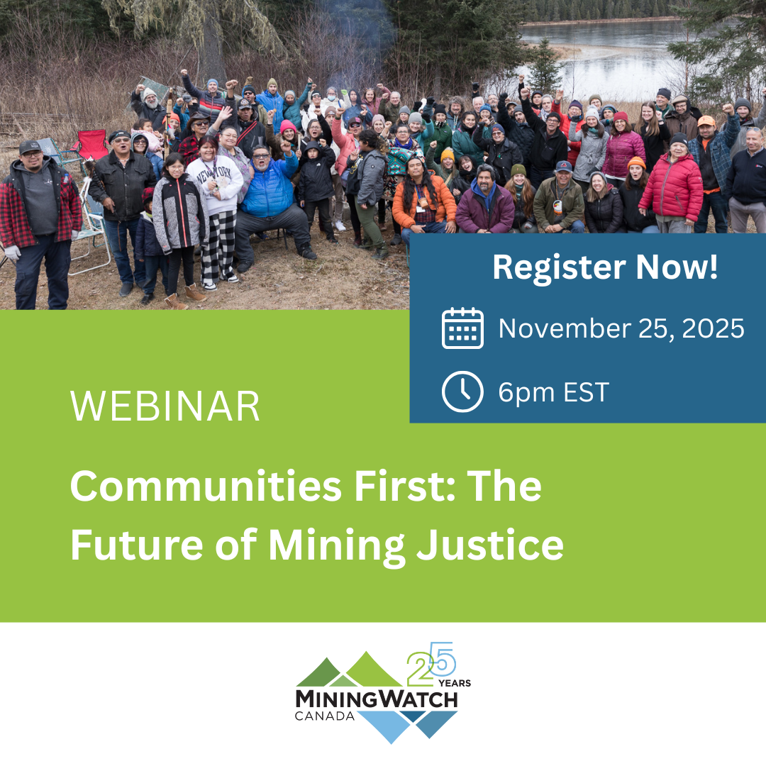 A promotional webinar poster. A crowd gathers at the edge of a lake in Québec.