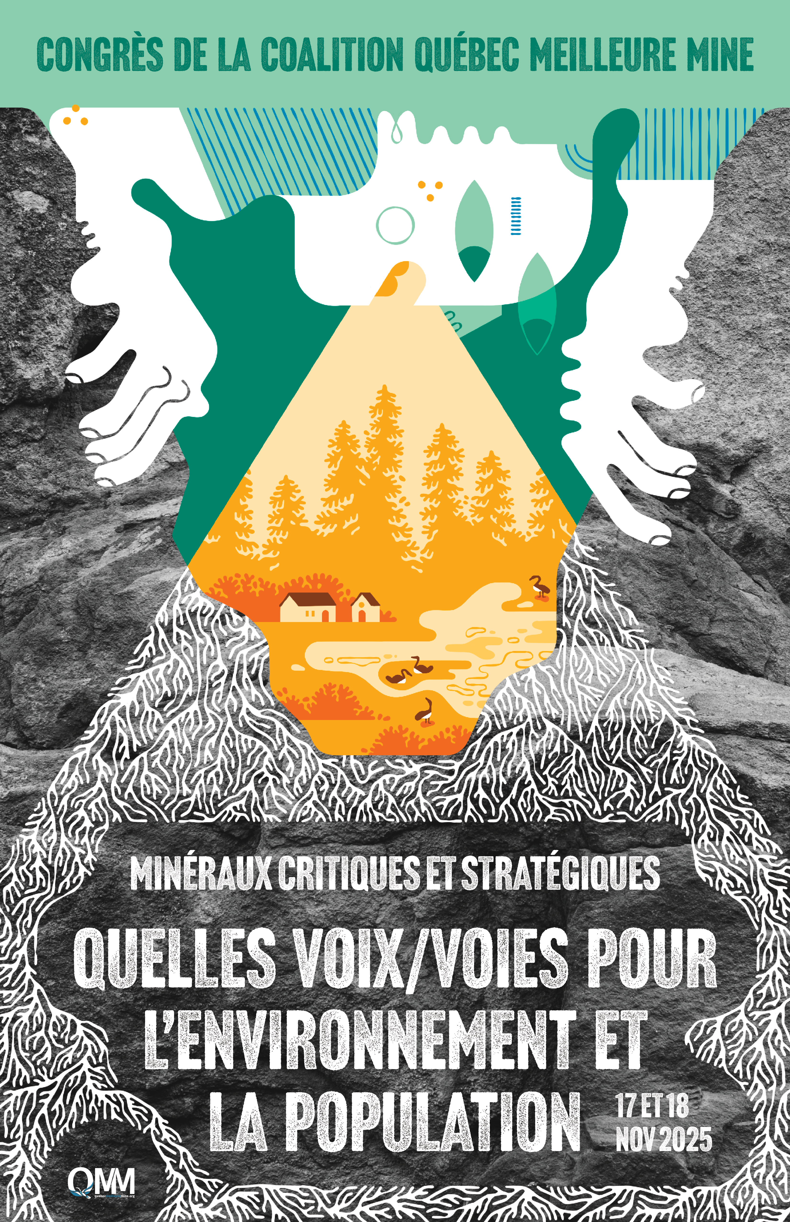 Quebec Meilleure Mine Conference poster - a large person shouts down into a mine. Their shout transforms into a vision of an alternative future. 